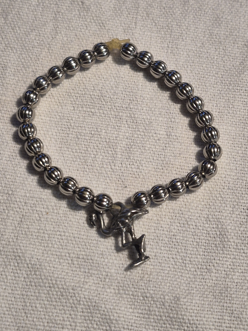 Silver Tone Ribbed Bead Stretchy Flamingo Charm Bracelet